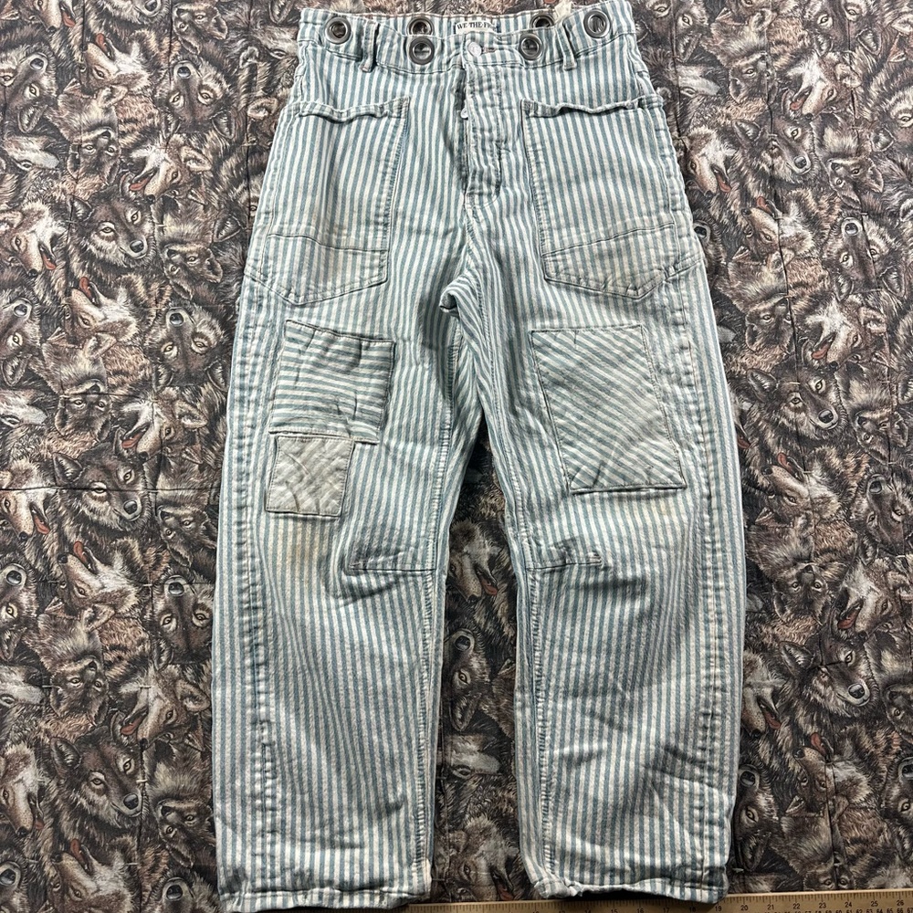 We The Free Teal Moxie railroad striped barrel jeans